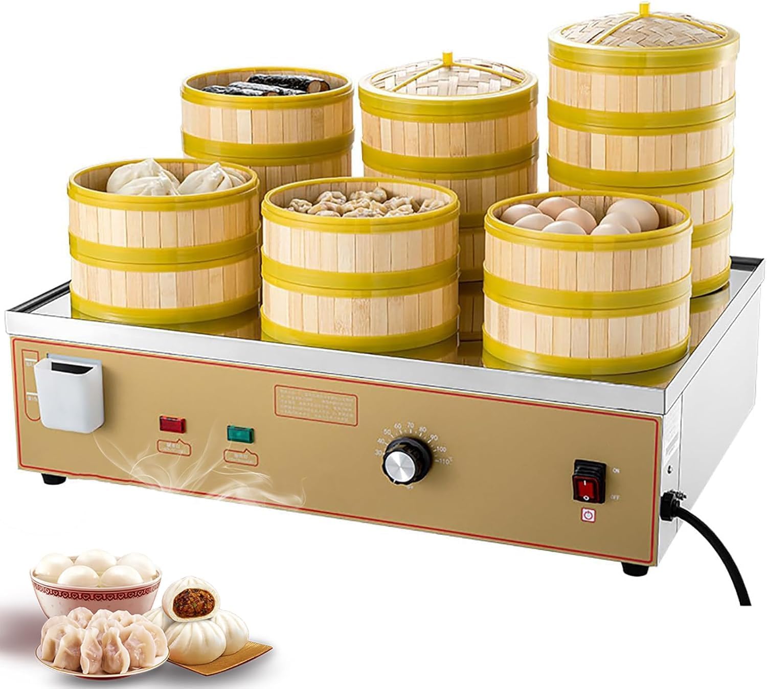 6-Hole Electric Steamed Bun Machine, Commercial Food Steamer with Temperature Control, 30~110°C, Independent Water Supply