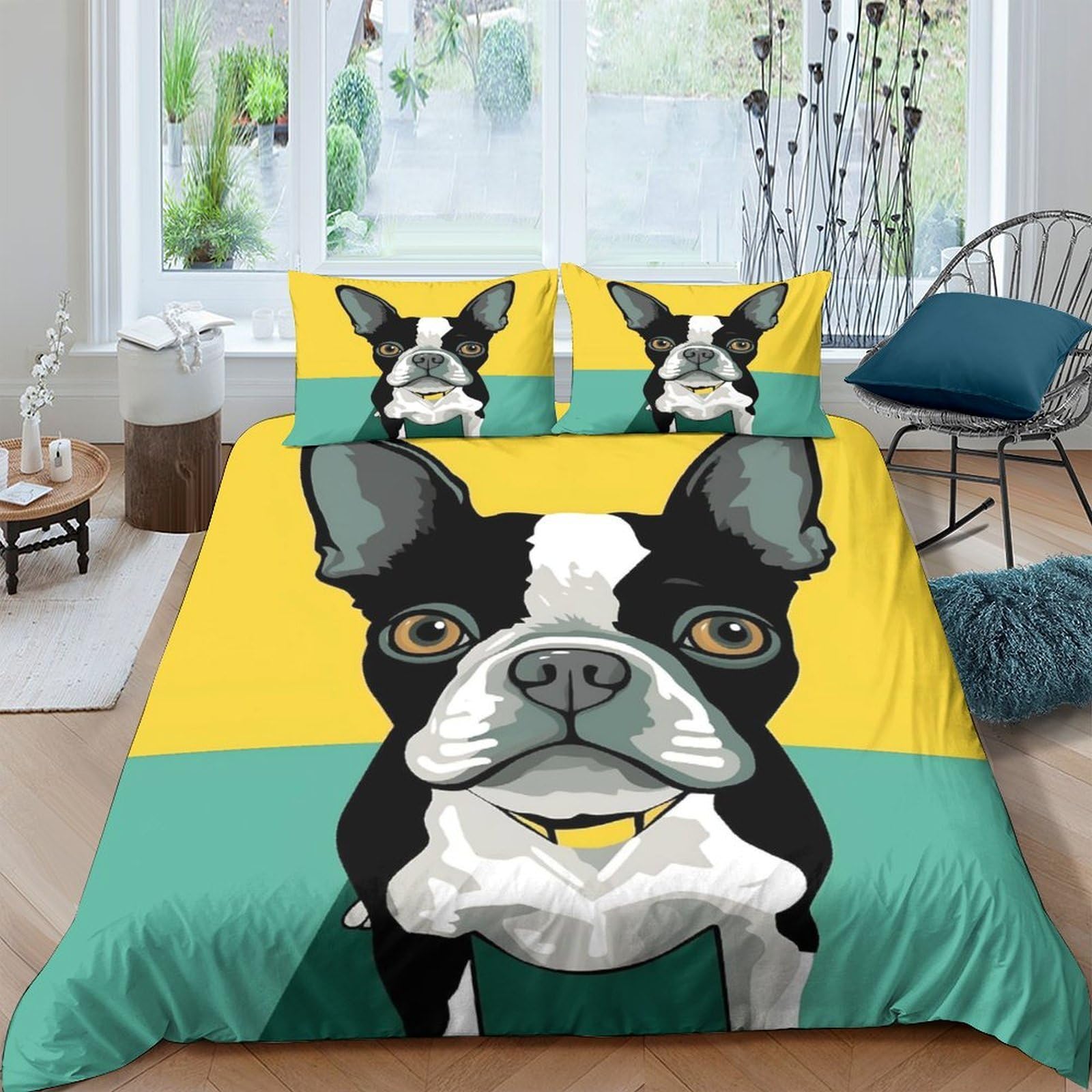 Ctjqhvkz Style-3 3D Printed Boston Terrier Dog Fitted Sheet Microfiber Yellow Green Cartoon Mattress Cover For Bedroom Dorm Room Decor Single（135X200cm）