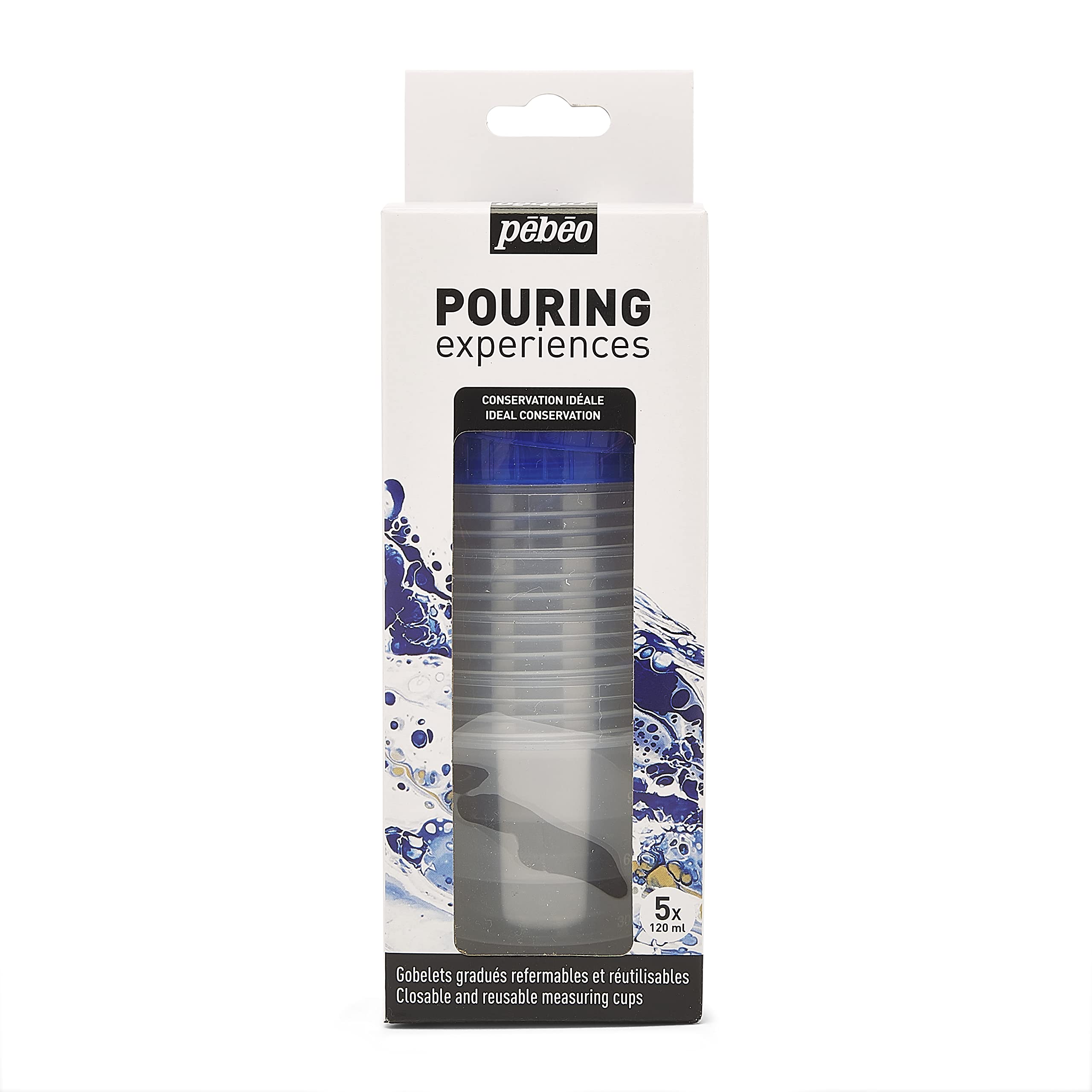 Pebeo Pébéo Pouring Experiences Afsluitbare meetset van 5 gegradueerde 120 ml hersluitbare en herbruikbare bekers met deksel - Fluid Art, 5 stuks