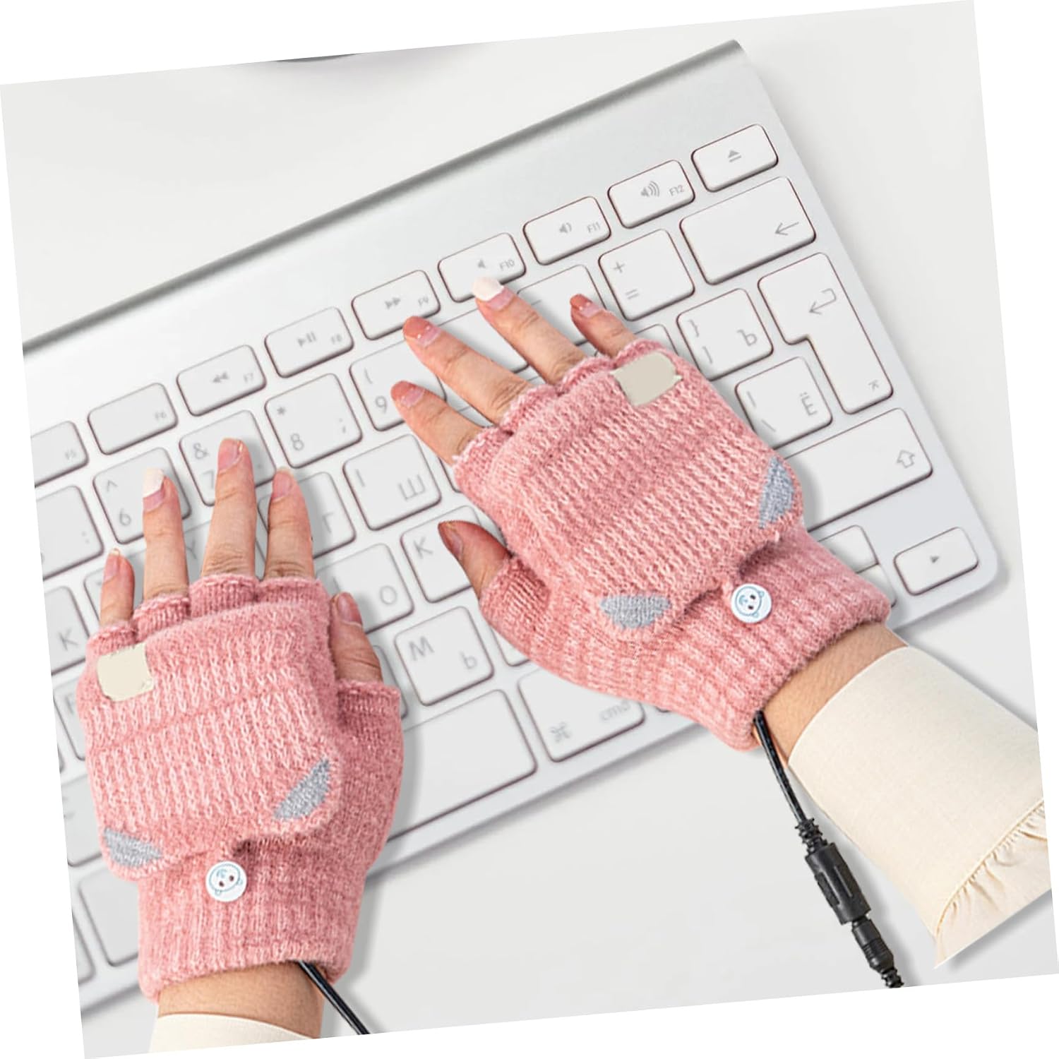 MAGICLULU USB Heated Half Finger Gloves for Women Knitted Simulation Cotton Thermal Gloves with Flip Cover Winter Hand Warmer for Outdoor and Laptop Use
