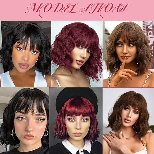 Miniatura 7 de Peluca corta ondulada con flequillo, elegante y bonita peluca ondulada hasta el hombro, pelucas sintéticas estilo Bob negro para mujeres y niñas,