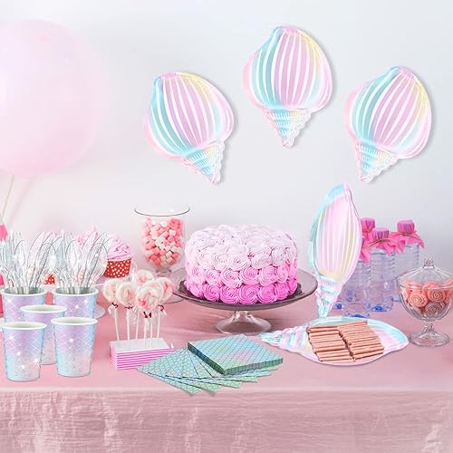 Miniatura 23 de 144 piezas de suministros de fiesta temática de sirena, decoraciones de fiesta bajo el mar, vajilla de fiesta incluye platos de almeja, servilletas