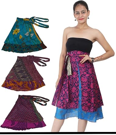 Wevez Sari Silk Wrap Skirt Stunning Mini, Maxi Wrap Styles skirt One Size, 47 INCHE WAIST-30 INCHES LONG, Set of 5Pc Assorted