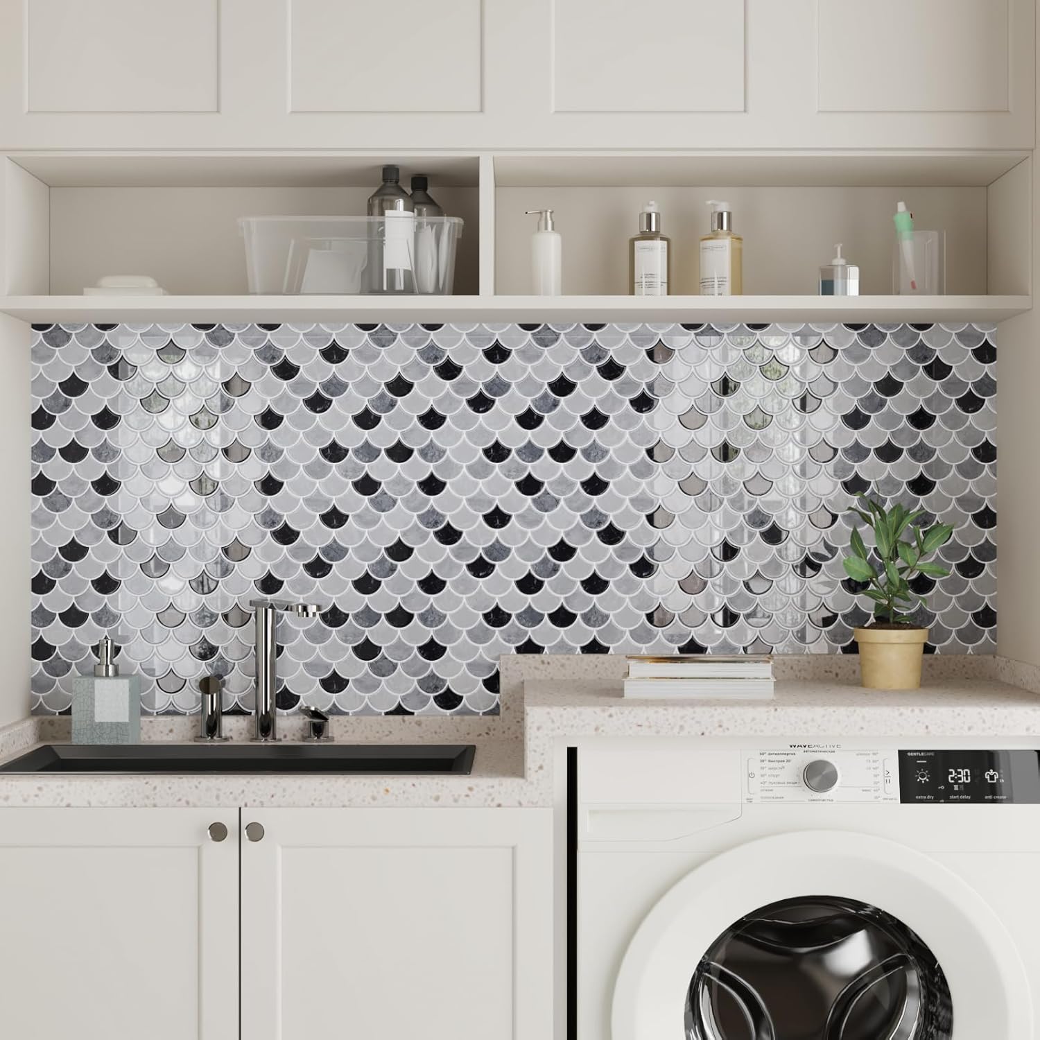CRE8TIVE 4枚 フィッシュスケール 剥がして貼るバックスプラッシュ バスルーム用 グレー ホワイト ブラック 大理石 シェル