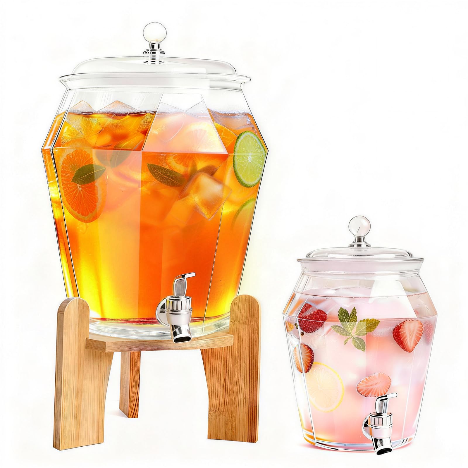 Photo 1 of 2 PCS Drink Dispenser Set, 2.5 Gallon Total Capacity (7L & 2.6L) - Shatterproof Plastic Beverage Containers with Wood Stand, Leak-Proof Spigot for Juice, Tea, Lemonade & Mimosa Bar Hosting