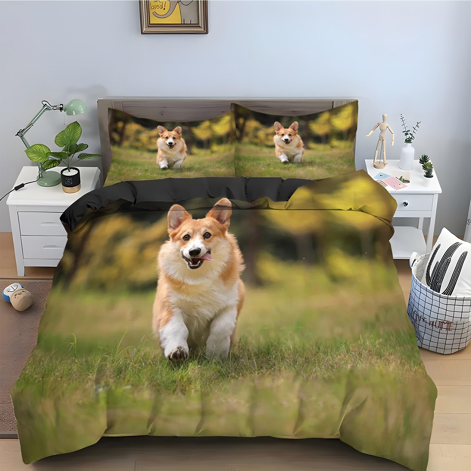Housse de Couette 220x240 Corgi Parure de Lit 2 Personnes Ensemble Literie Microfibre Douce avec Taies