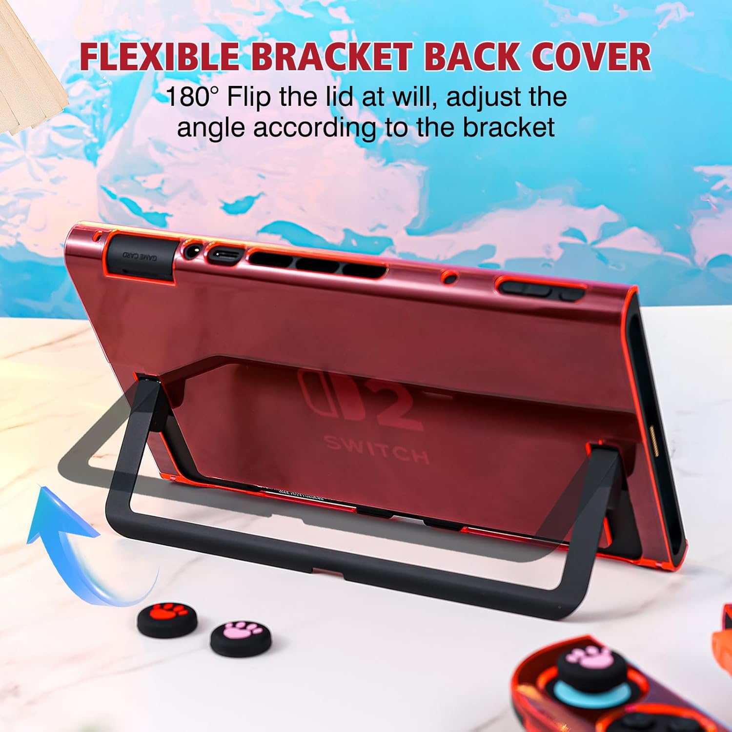 DLseego Protective Hard Case for Nintendo Switch 2 (2025), Slim PC Grip Cover for Joy Con, Detachable JoyCon Controller Shockproof & Scratch-Resistant Console Shell, 4 Thumb Grip,Transparent - Red - Image 5