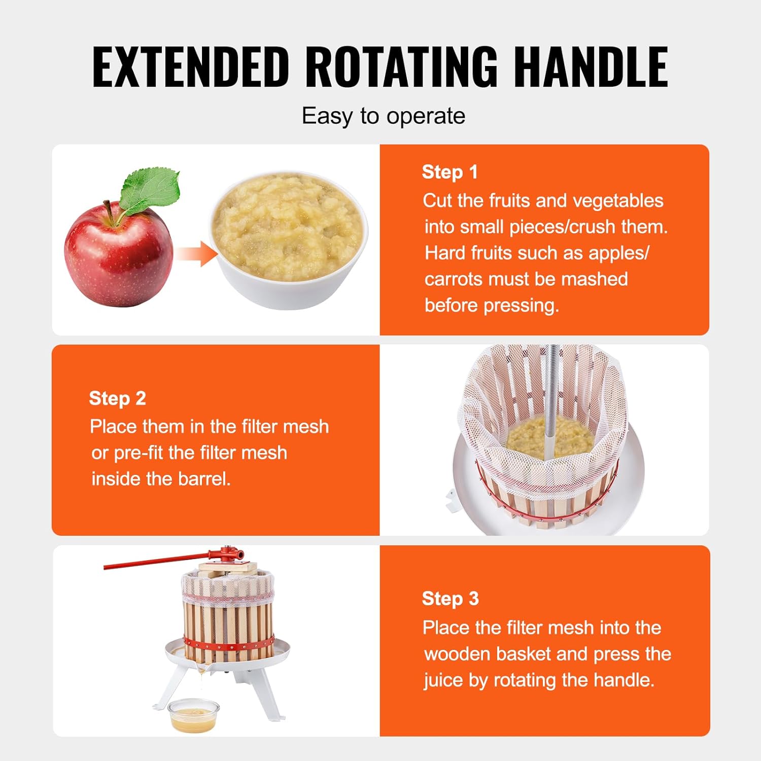 VEVOR Fruit Wine Press, 3.2 Gallon/12L, Solid Wood Basket with 6 Blocks, Manual Juice Maker, Cider Apple Grape Tincture Vegetables Honey Olive Oil Making Press with Pole Handle Bar for Kitchen, Home