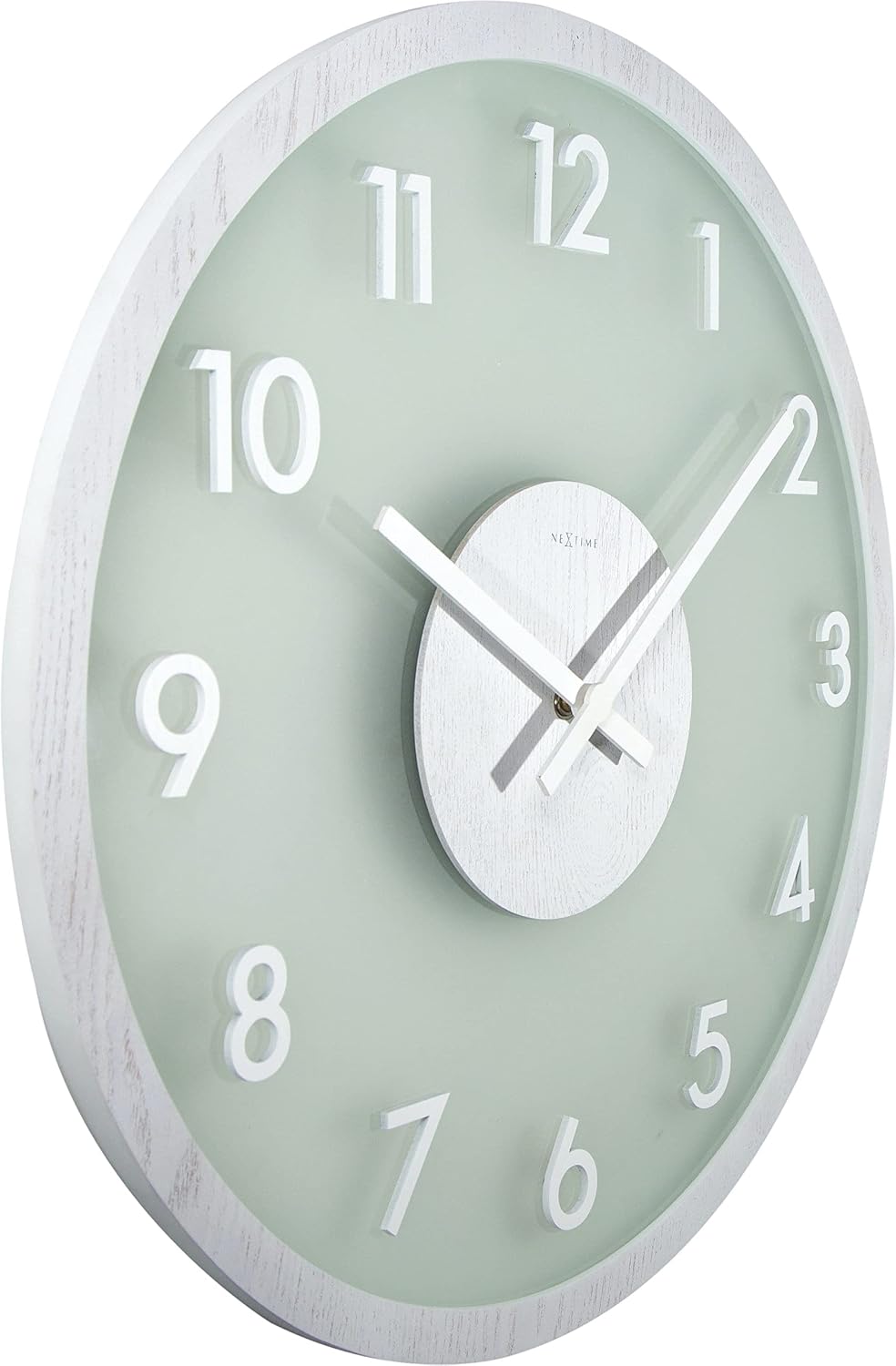 Unek Goods Nextime Frosted Glass and Wood Wall Clock, Battery Operated, White