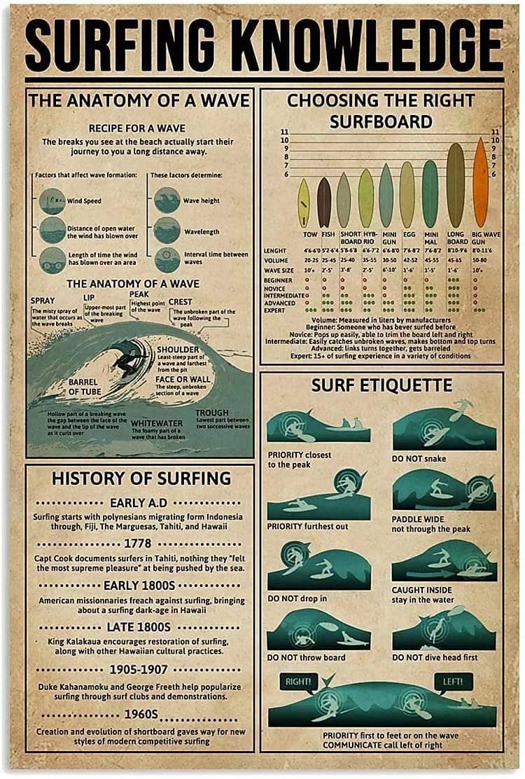 rayprint Surfing Knowledge Metal Tin Sign Wall Decor Pub Man Cave Club Classic Bathroom Parlor Posters Cafe Store Rule 8x12 Inches