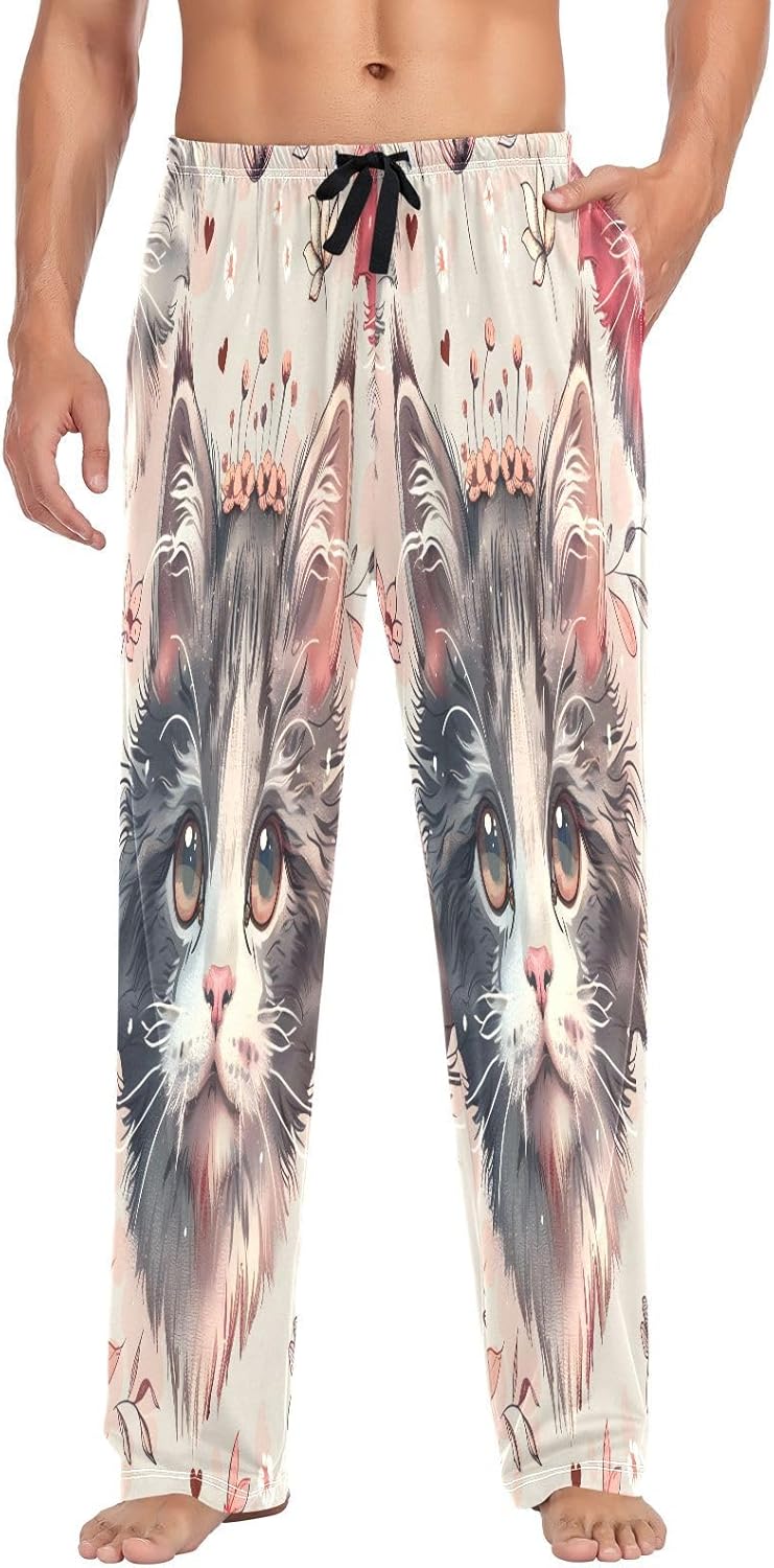 ALAZA Cute Cat Kitten Vintage Men's Pajama Pants Men Cotton Pajama Bottoms with Pockets, S