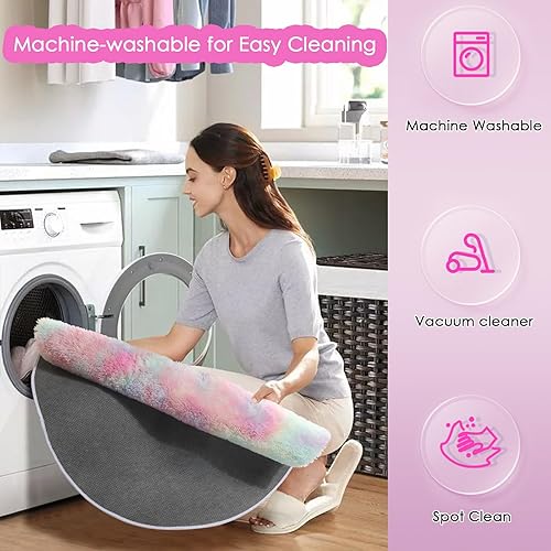 Miniatura 3 de Alfombra esponjosa redonda arcoíris para dormitorio de niños, decoración de habitación de unicornio, alfombra de pelo largo para guardería, alfombra