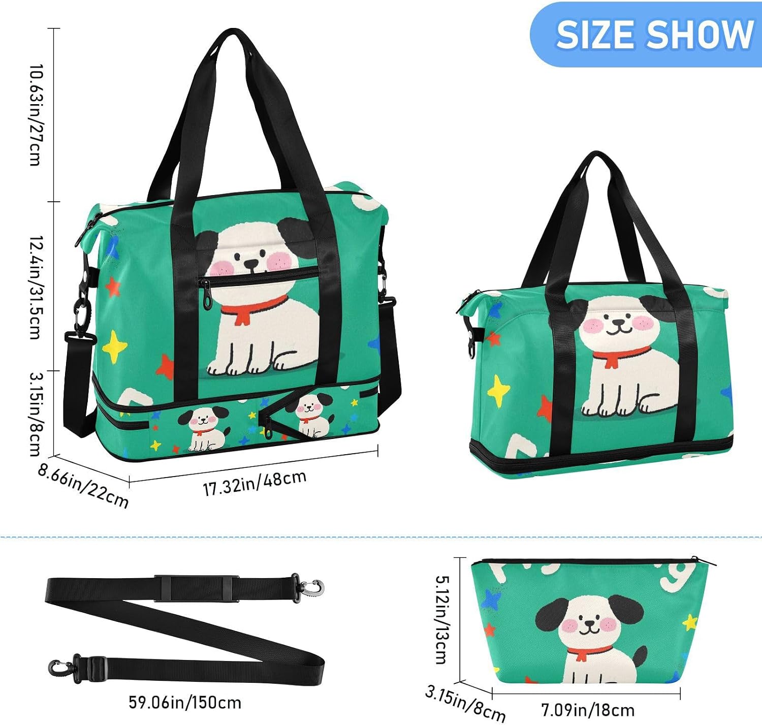 Fighting Cartoon Cute White Dog Tote Bag Gym Bag with Toiletry Bag for Travel Waterproof