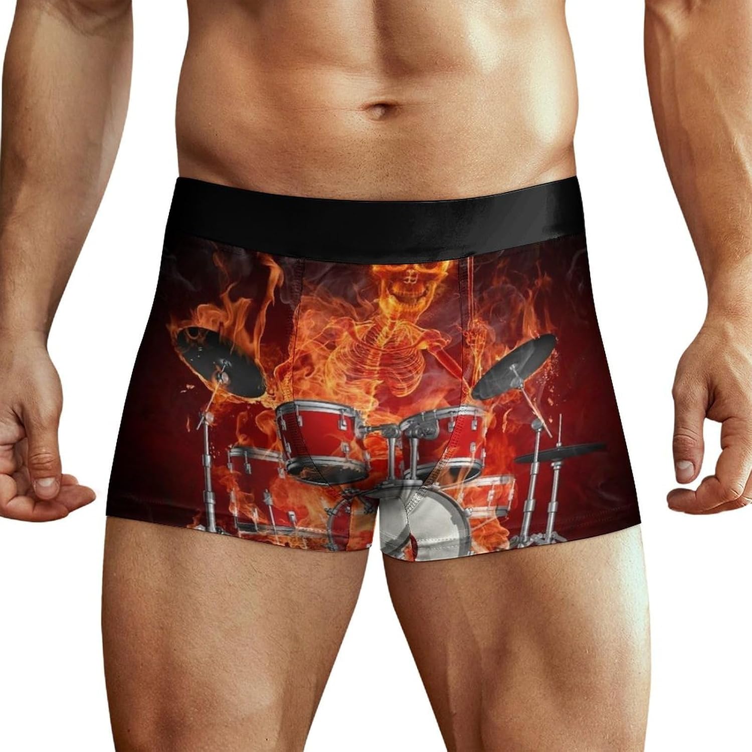 Rock Roll Drums Flame Drummer Skull Men's Underwear Boxer Briefs Breathable Shorts Elastic Waistband
