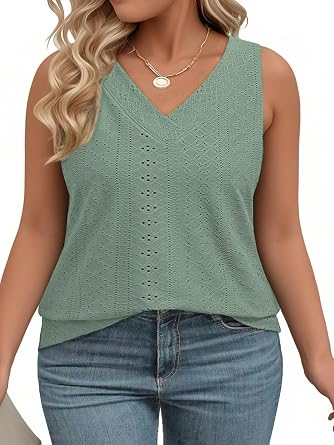 ROSRISS Plus-Size-Tank-Tops for Women Summer Sleeveless Loose Fit Trendy Basic Shirts Casual V Neck Tunics Eyelet Tees