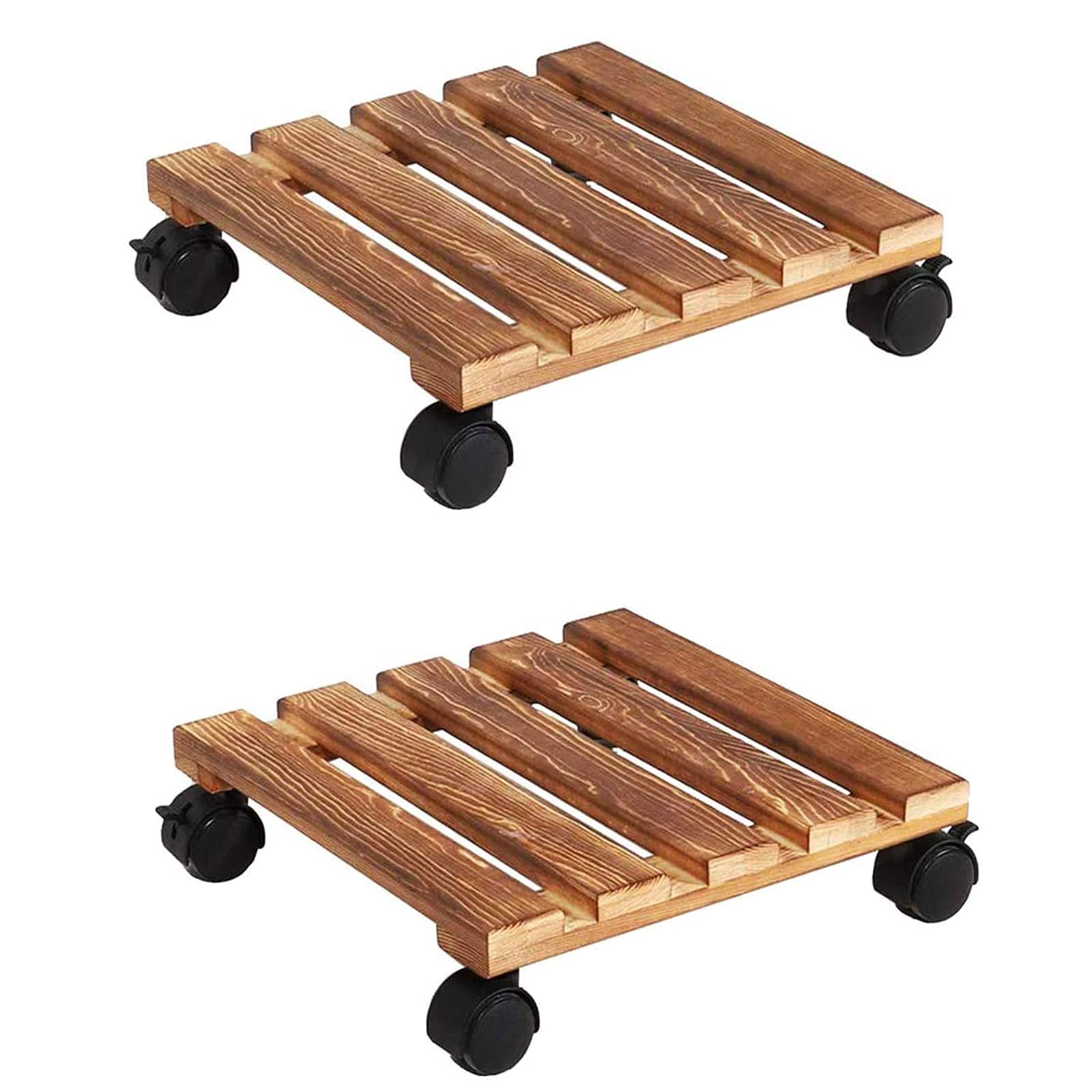 Pflanzentrolleys mit Rädern, robust, 2 Stück, 30,5 cm, quadratisch, Topfwagen aus Naturholz, Stabiler Blumenständer, Rollwagen, verriegelbar, für drinnen und draußen, Holztöpfe