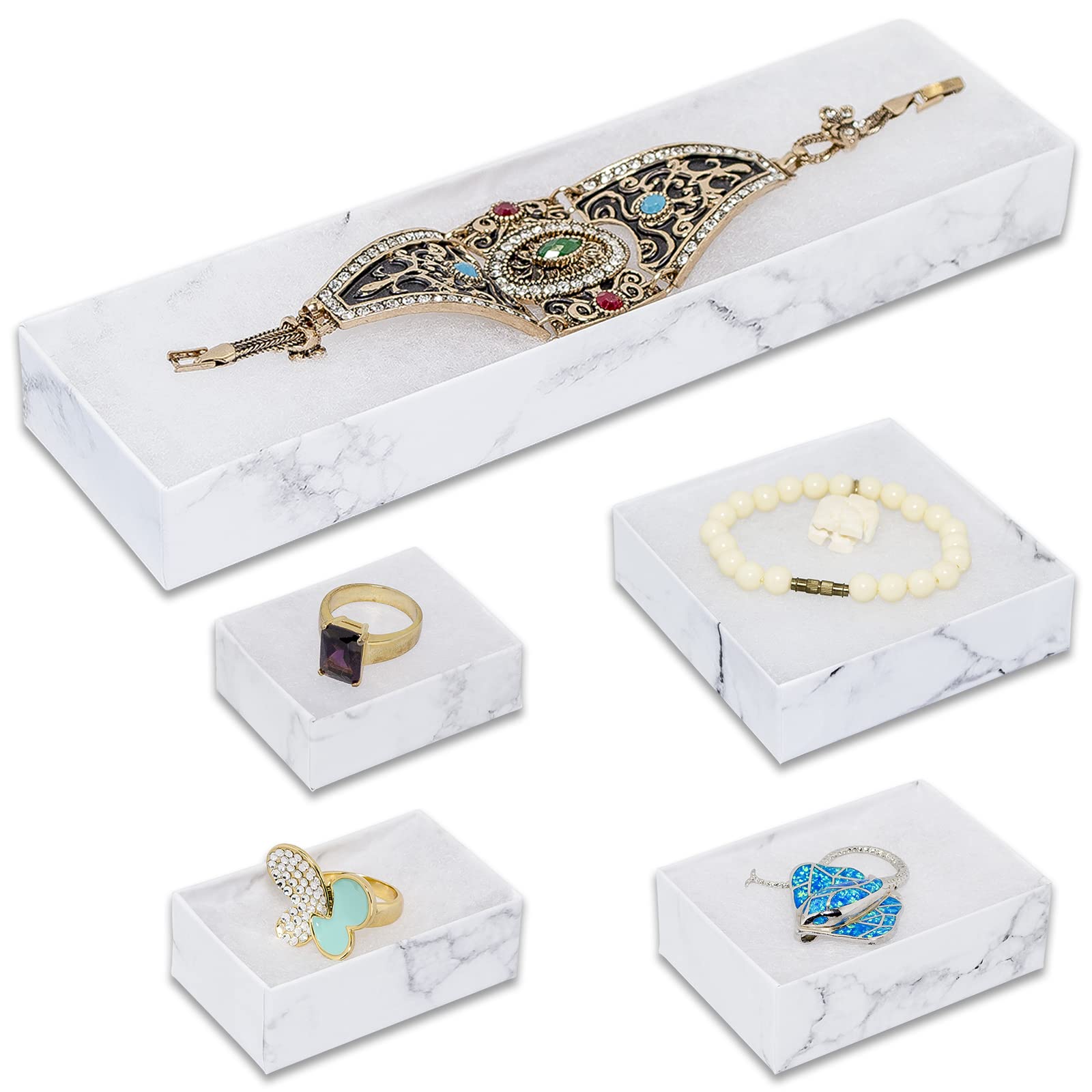 TheDisplayGuys Schmuckschatullen #99, Baumwollfüllung, Karton, Papier, Geschenkbox, Marmorweiß, (5 Größen, je 20 Stück)