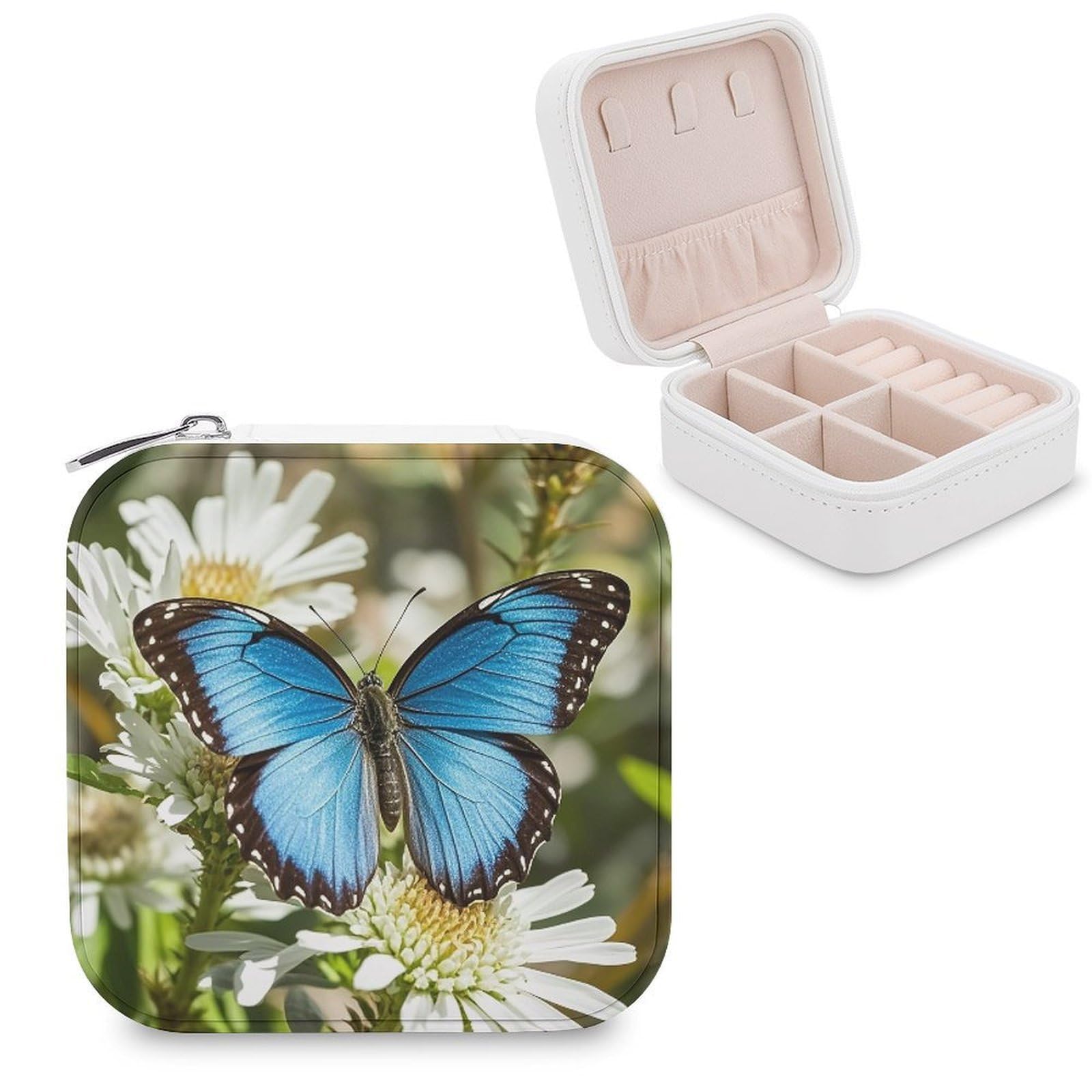 LZQPOEAS Blue Butterfly Small Jewelry Box Mini Jewelry Travel Case Trendy Stuff Ring Box Custom PU Leather Jewelry Boxes Portable Jewelry Case Earring Storage Organizer for Girls Women