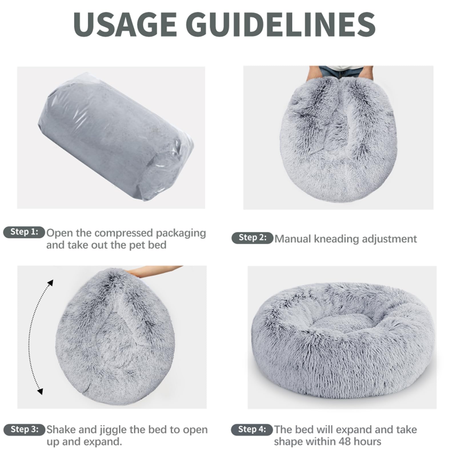 YOJOGEE Donut Dog Bed for Medium Small Dogs Cats Calming Fluffy Anti Anxiety Dog Beds Washable Puppy Bed Non-Slip Plush Cuddler Warming Round Faux Fur Pet Bed 6060cm Grey/Black - Image 3