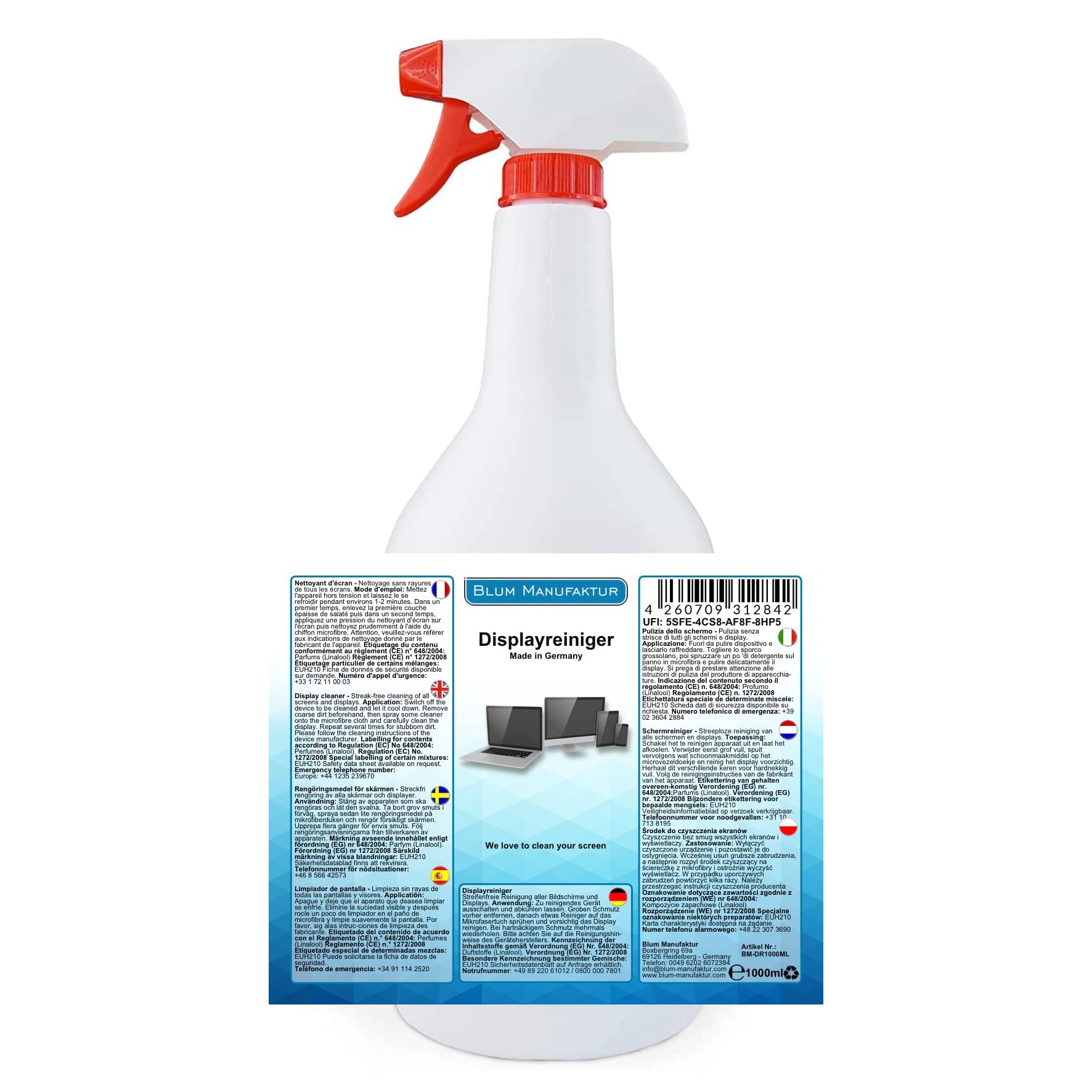 Blum - 1000ml Nettoyant pour écran + Chiffon Microfibre 30x30 cm. Nettoyage Absolument sans Traces de Tous Les écrans et displays.