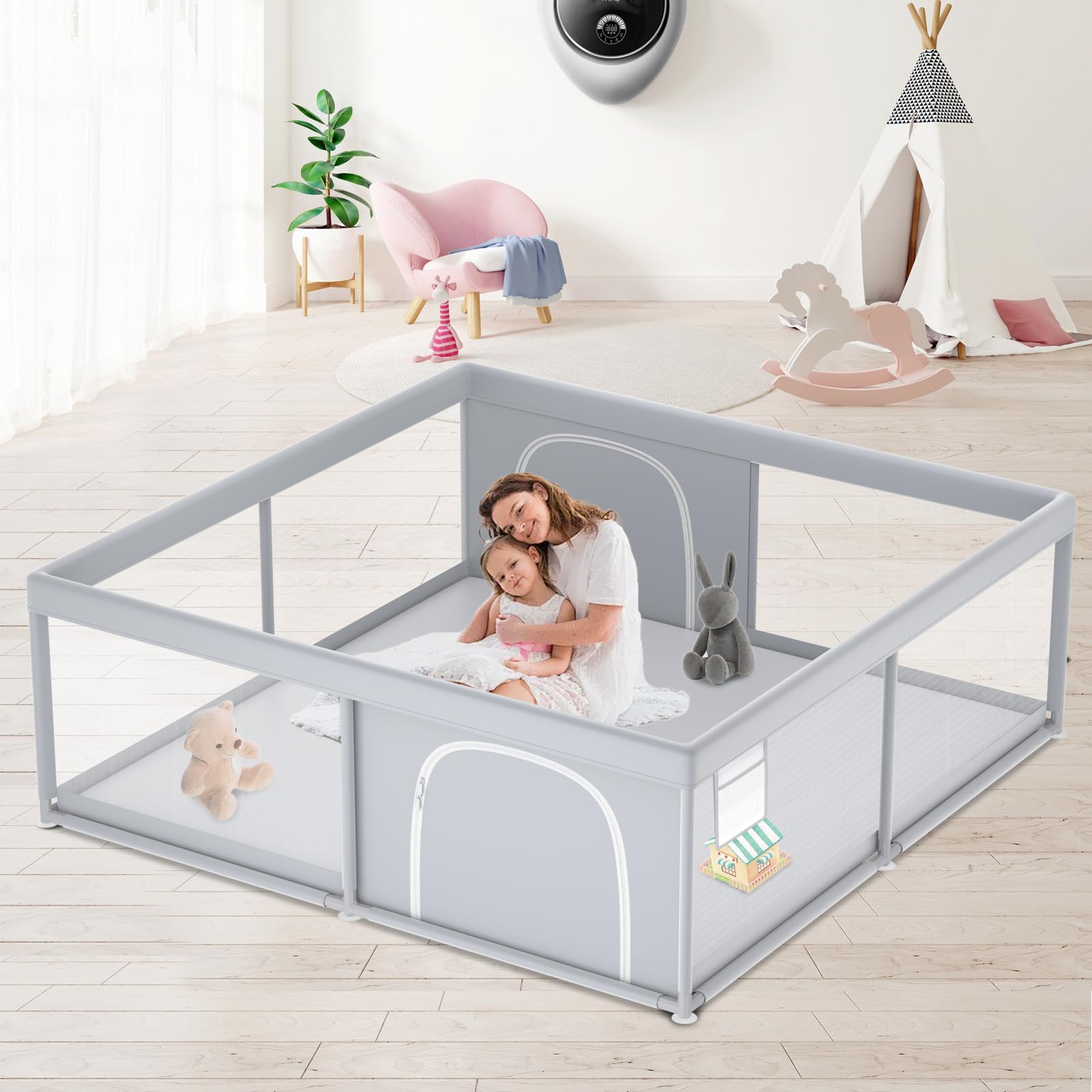 XVISHX Baby Playpen, 79''x79'' Extra Large Playpen for Babies and Toddlers, Baby Fence Play Pen for Indoor & Outdoor, with Soft Breathable Mesh Grey