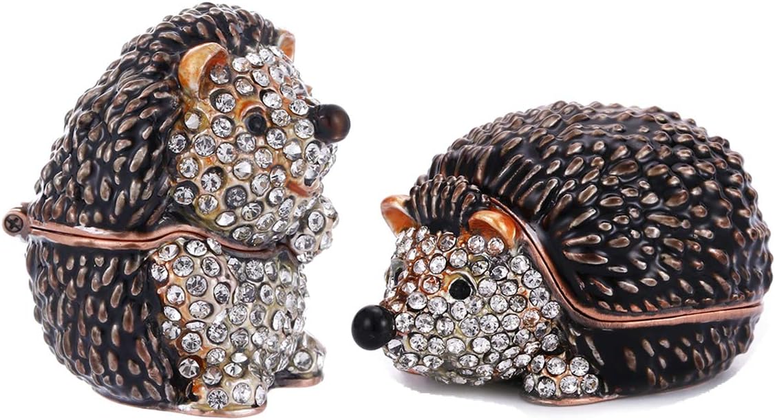 Hand Painted Enamel Hedgehog Trinket Box, Hinged Jewelry Box Unique Mini Ring Necklace Jewelry Organizer, Classical Bejeweled Storage, Figurine Collectible Keepsake Home Decor (Couple Hedgehog)