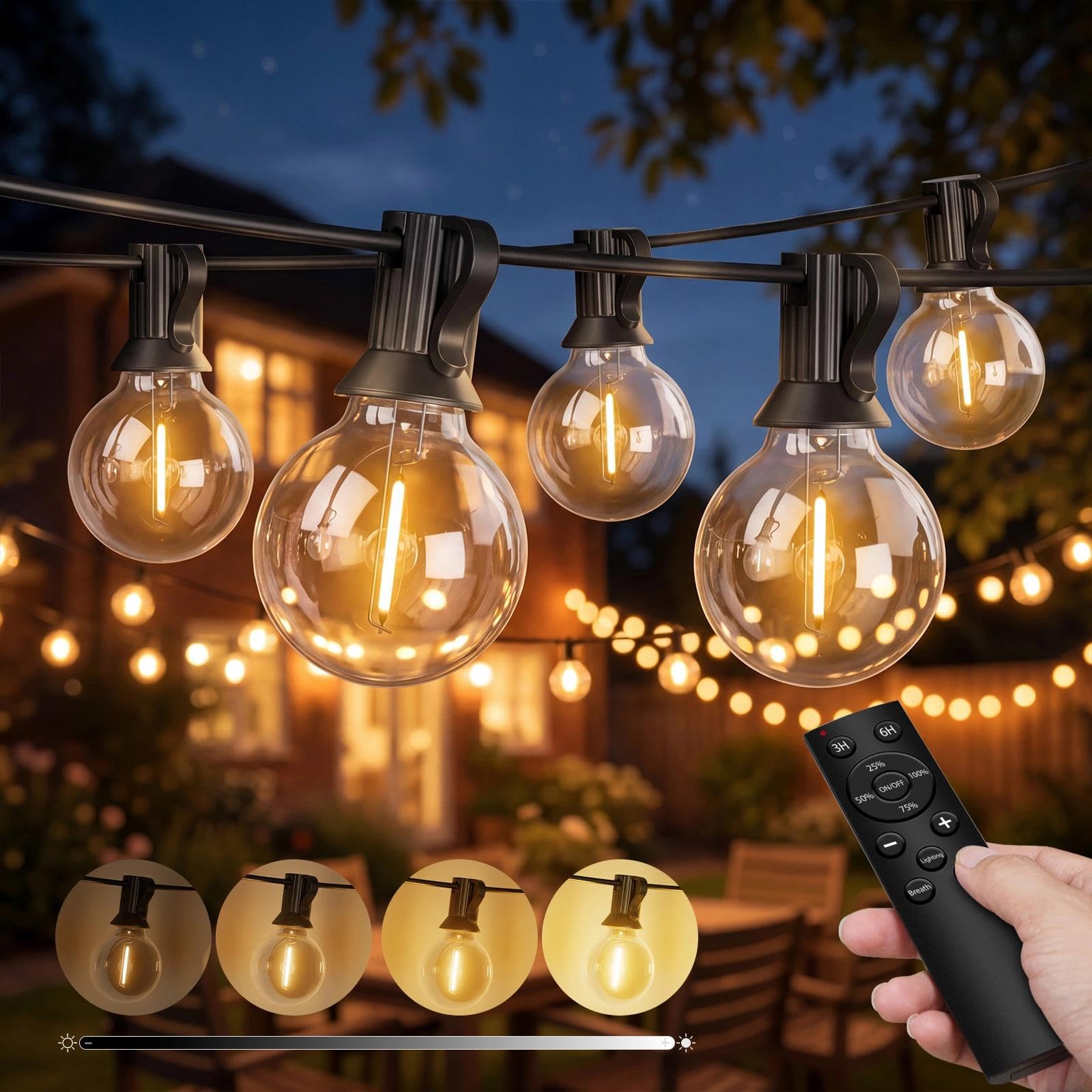 litogo Lichterkette Außen mit Fernbedienung, 15M LED Outdoor Lichterkette Strom mit Dimmbar & Timer, Wetterfest Lichterketten G40 Glühbirnen für Balkon Garten Party Pavillon Terrasse, Warmweiß