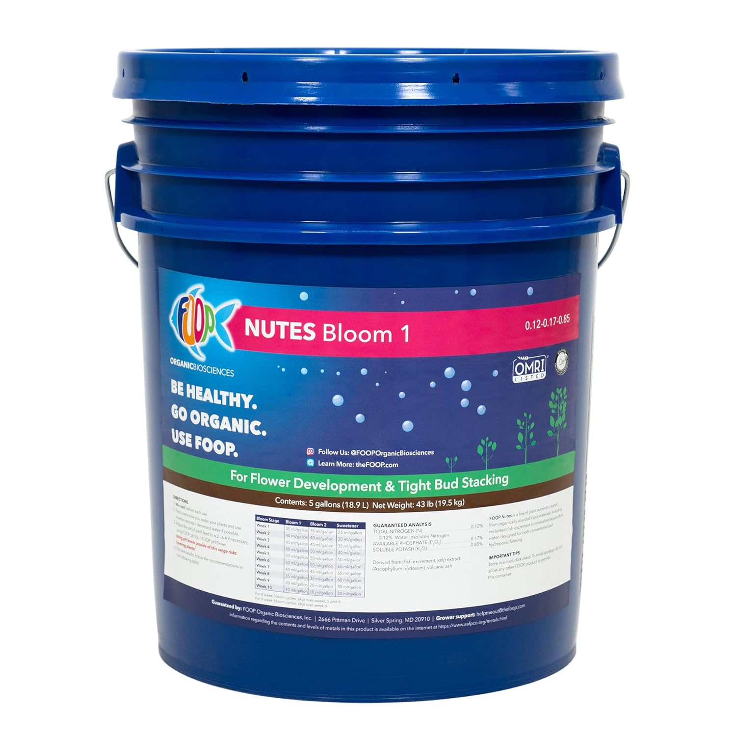 FOOP Nutes Bloom Five Gallon Pack: Get Tight Buds, Awesome Terpenes and an Explosion of Trichomes | Infused with Cal/Mag, and Silica | Certified Organic | Three 5G Pails