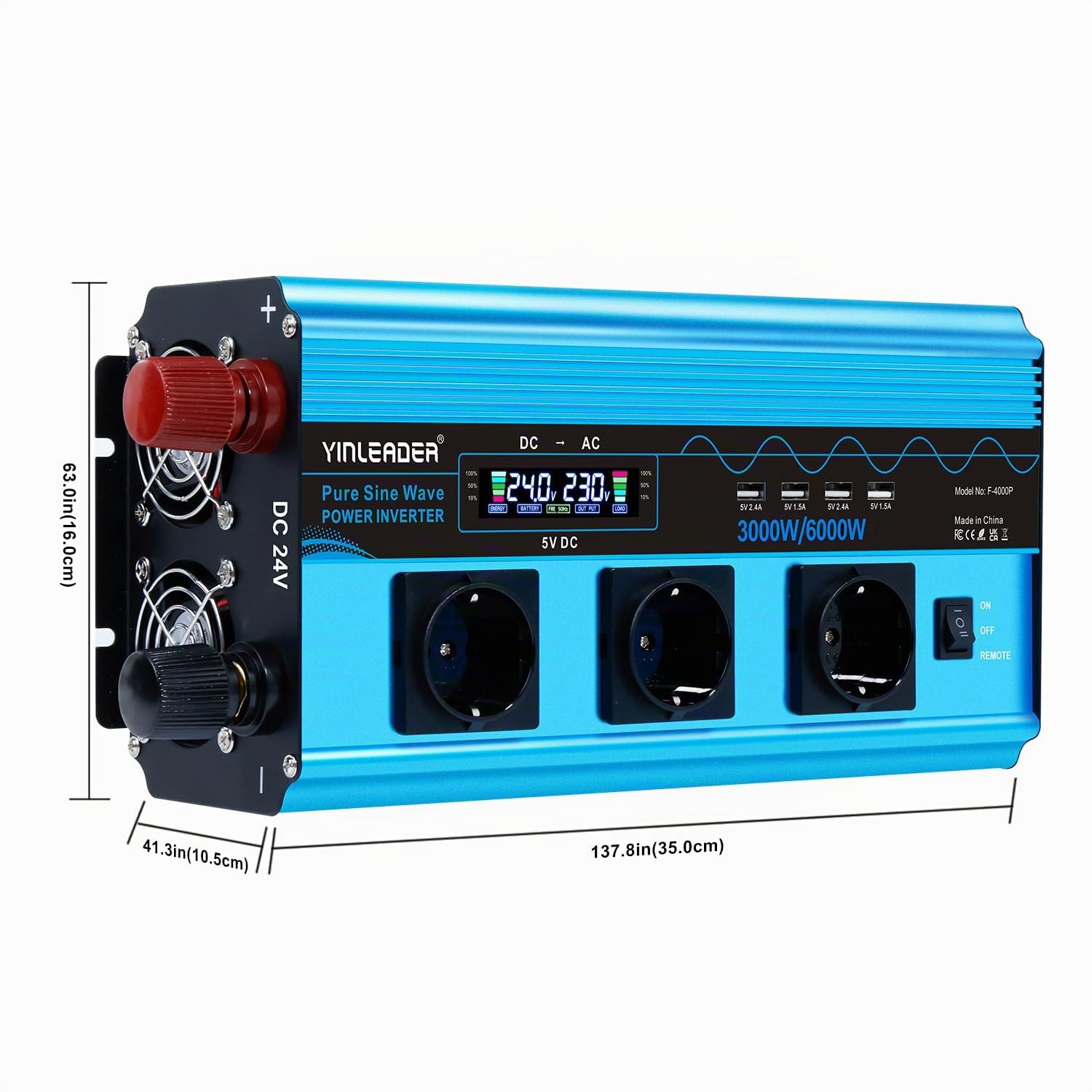 Yinleader Inversor 3000W Onda Sinusoidal Pura Convertidor de Voltaje 24V 230V con LCD | 3 Tomas y 4 USB Mando a Distancia Inalámbrico /6000W