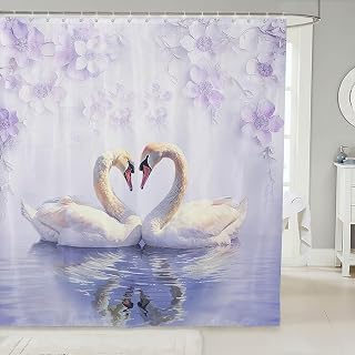 Swan Couple Shower Curtain Valentine's Day Bathroom Shower Curtain Set for Kids Adult Romantic Love Bath Curtain Purple Flowers Waterproof Curtains Room Decor 72 x 72 Inch