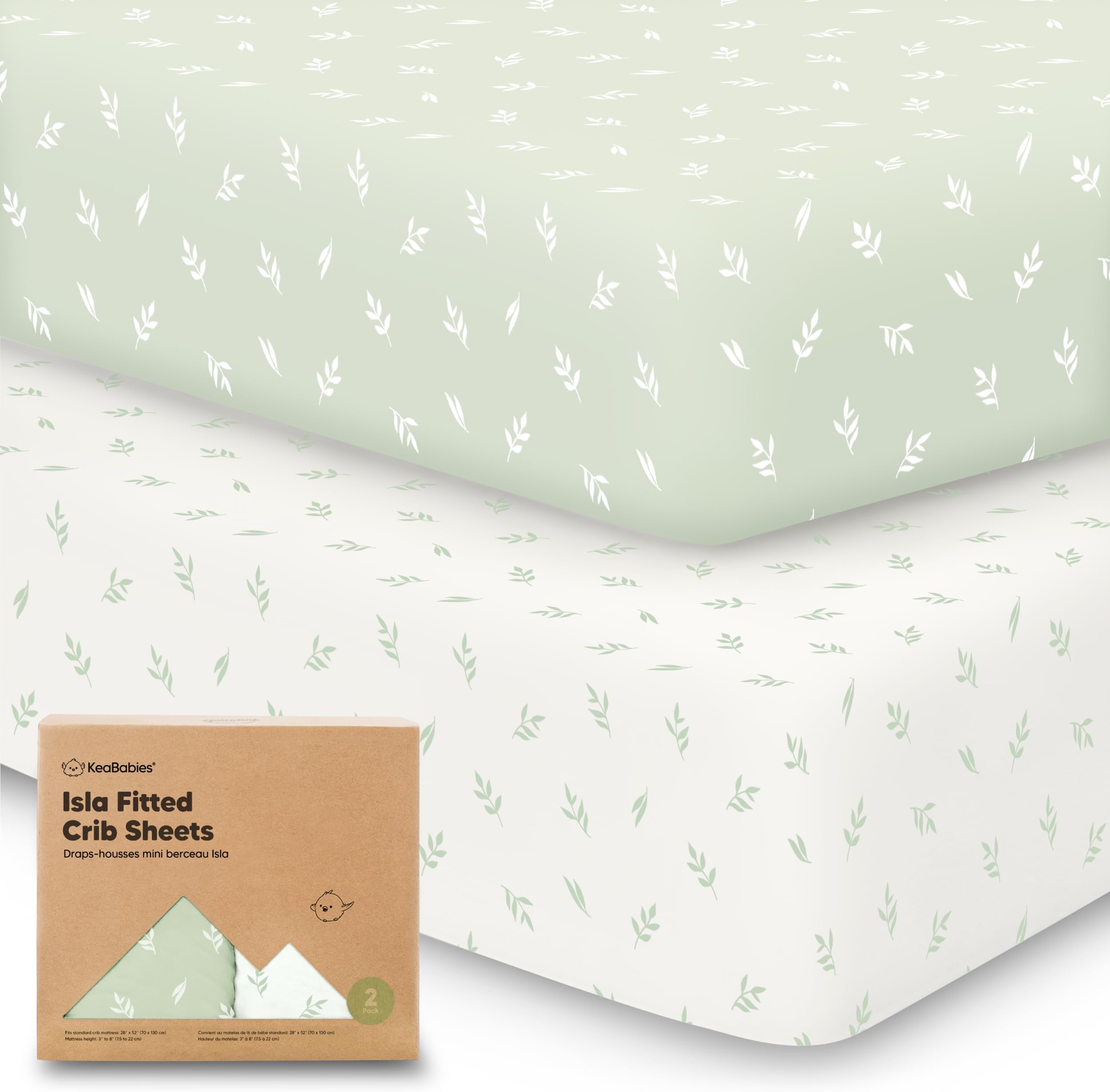 KeaBabies 2-Pack Baby Crib Sheets for Boys, Girls - 52x28 Viscose Derived from Bamboo Toddler Bed Sheets Neutral, Fitted Crib Mattress Cover for Standard Baby Bedding, Soft & Cozy (Herb)
