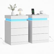 White Nightstands Set of 2 with Charging Station and LED Light for Bedroom