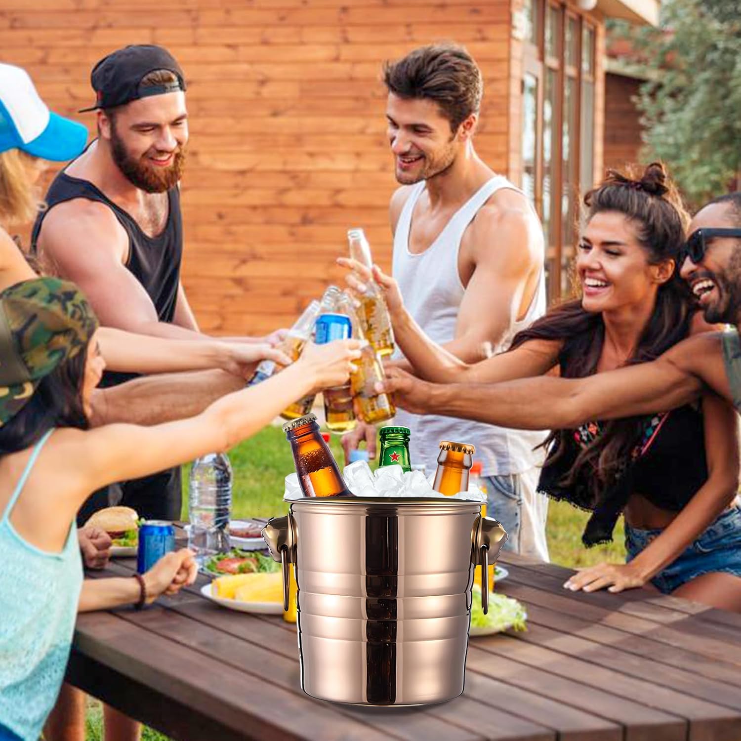 4 Pcs Stainless Steel Champagne Bucket, 3 Qt Double Wall Ice Bucket with Handles, Metal Wine Chiller for Champagne, Beer, Cocktails, Home Bar, Party Beverage Cooler (Rose Gold)