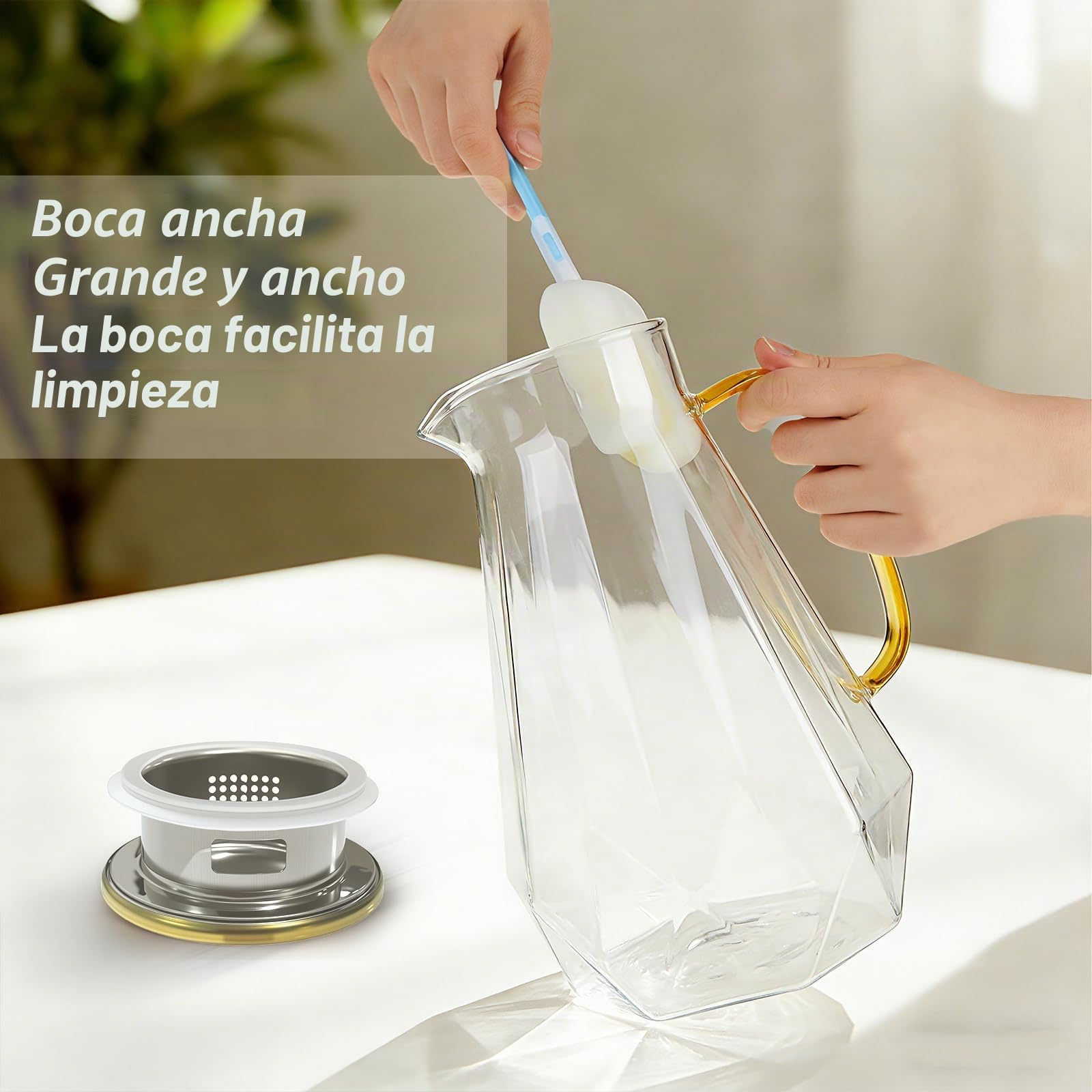 Jarra de cristal de 2 litros con asa y tapa de acero inoxidable dorada, jarra de cristal para agua, zumo, leche, café, té, lavavajillas