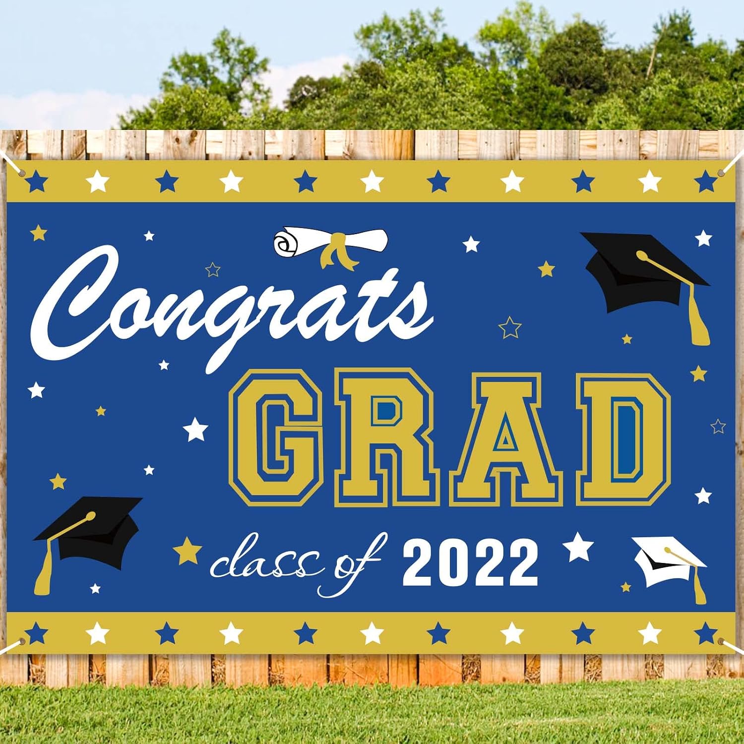 2022 Graduation Decorations - Congrats Grad Class of 2022 Banner - Party Supplies Yard Sign Decor for Kindergarten Prek High School College - Blue and Gold