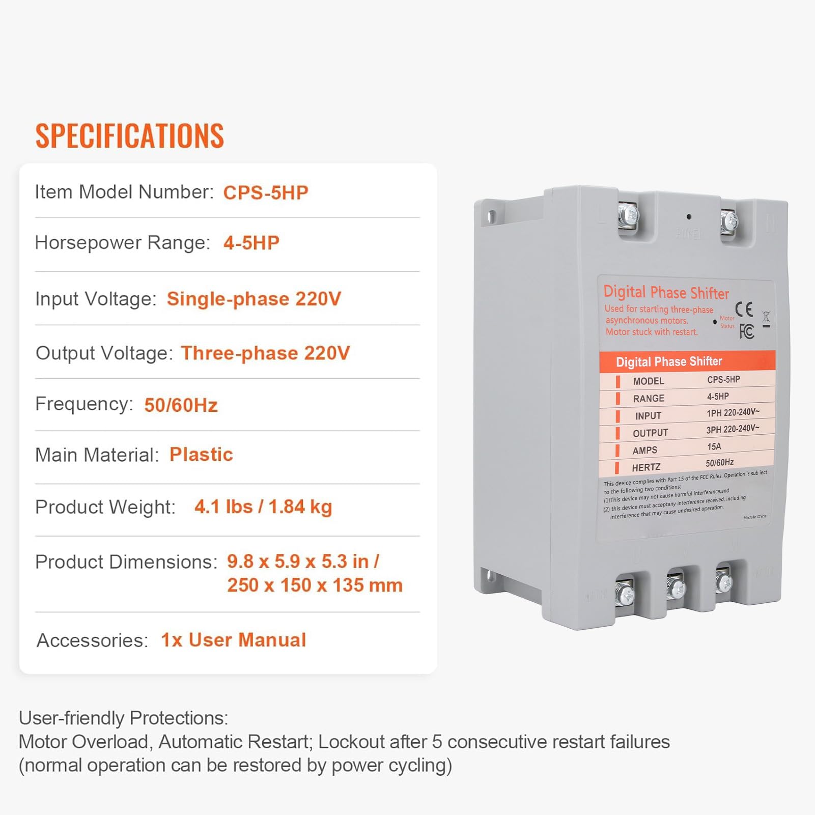 5 Chevaux Convertisseur de Phase Numérique Monophasé à Triphasé pour Usage Résidentiel et Commercial Léger 220 à 240 V CA Prise en Charge d'un Courant de 15 A