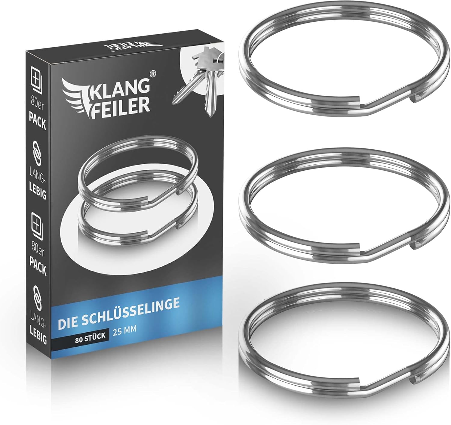 Klangfeiler® Key Ring Pack of 80 | 25 mm Diameter | Key Rings for Key ...