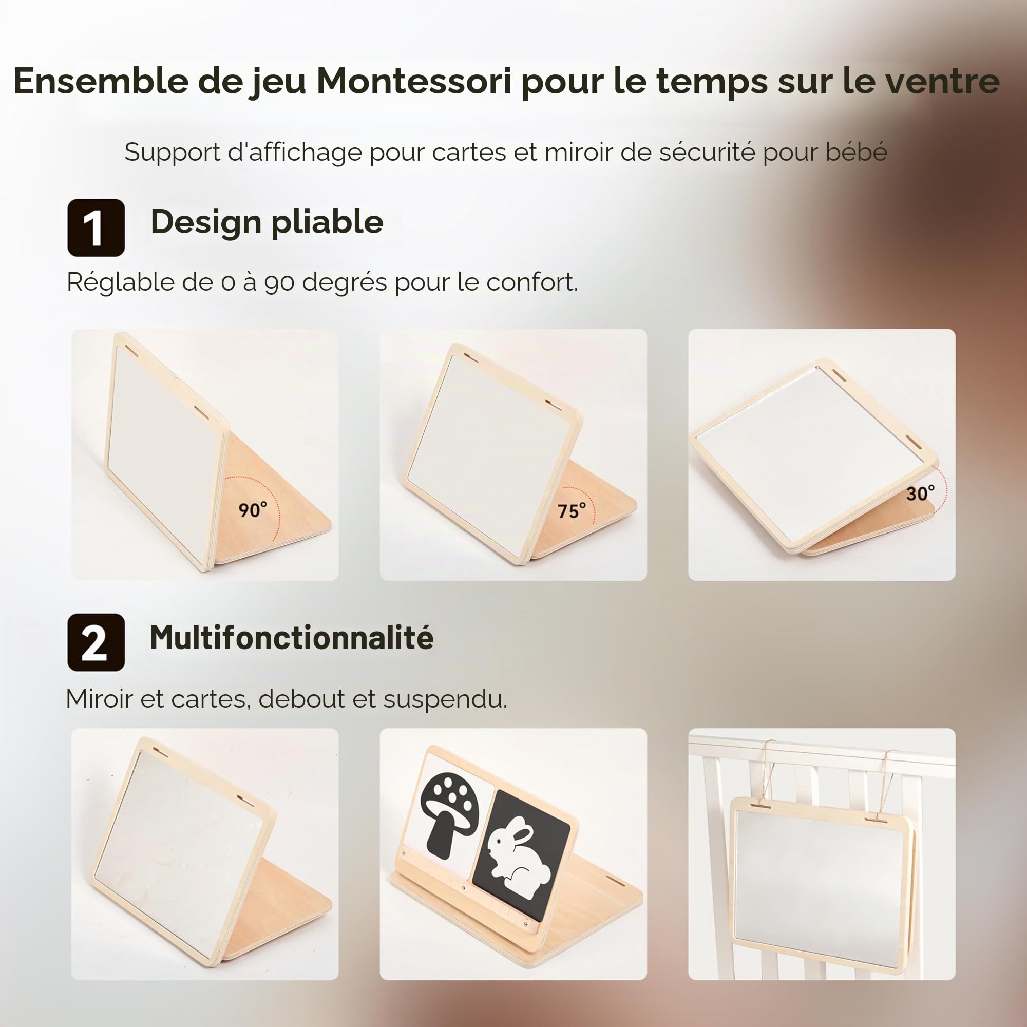 WOODEN TEETHER Jouet Montessori pour nouveau-né - Miroir pour bébé avec cartes visuelles noires et blanches - 0 à 12 mois - Cadeau de nouveau-né