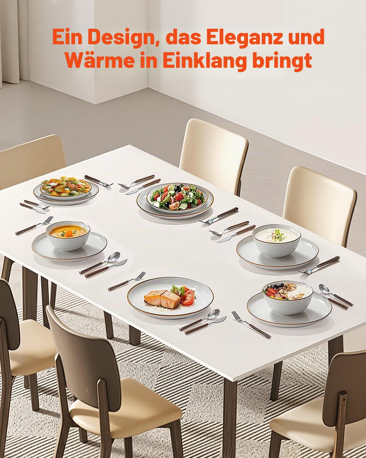 VEVOR Geschirrset für 6 Personen (18-tlg.) runde Teller- und Schüssel-Sets, Essgeschirr aus Keramik, spülmaschinen- und mikrowellengeeignetes Küchengeschirr, für Dessert Salat Suppe Pasta, weiß