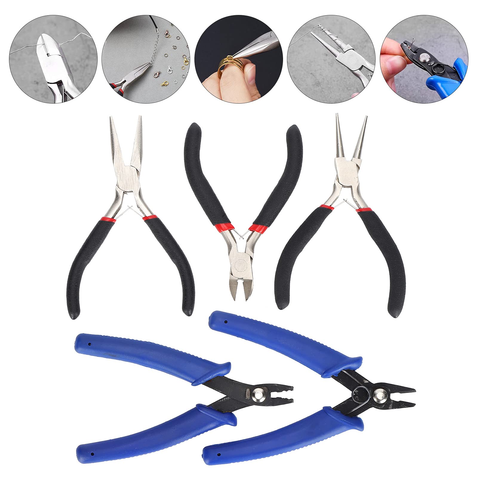 Set di pinze per gioielli, set di 5 pinze professionali per gioielli con borsa degli attrezzi, ideali per la creazione di gioielli, riparazioni e artigianato fai da te, include ago in tessuto naso,