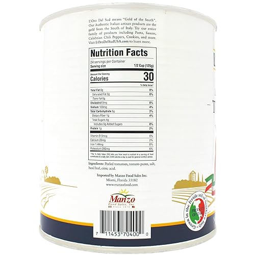 Miniatura 2 de L'Oro Del Sud Tomates italianos, enteros, pelados al estilo San Marzano, ciruela en puré con albahaca, tamaño grande, 3,4 kg (106oz), salsa para