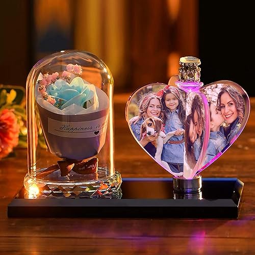 Marco de fotos personalizado en forma de corazón de cristal en forma de corazón de luz de noche de cristal Familia Bebé Madre Amante Daddy Day