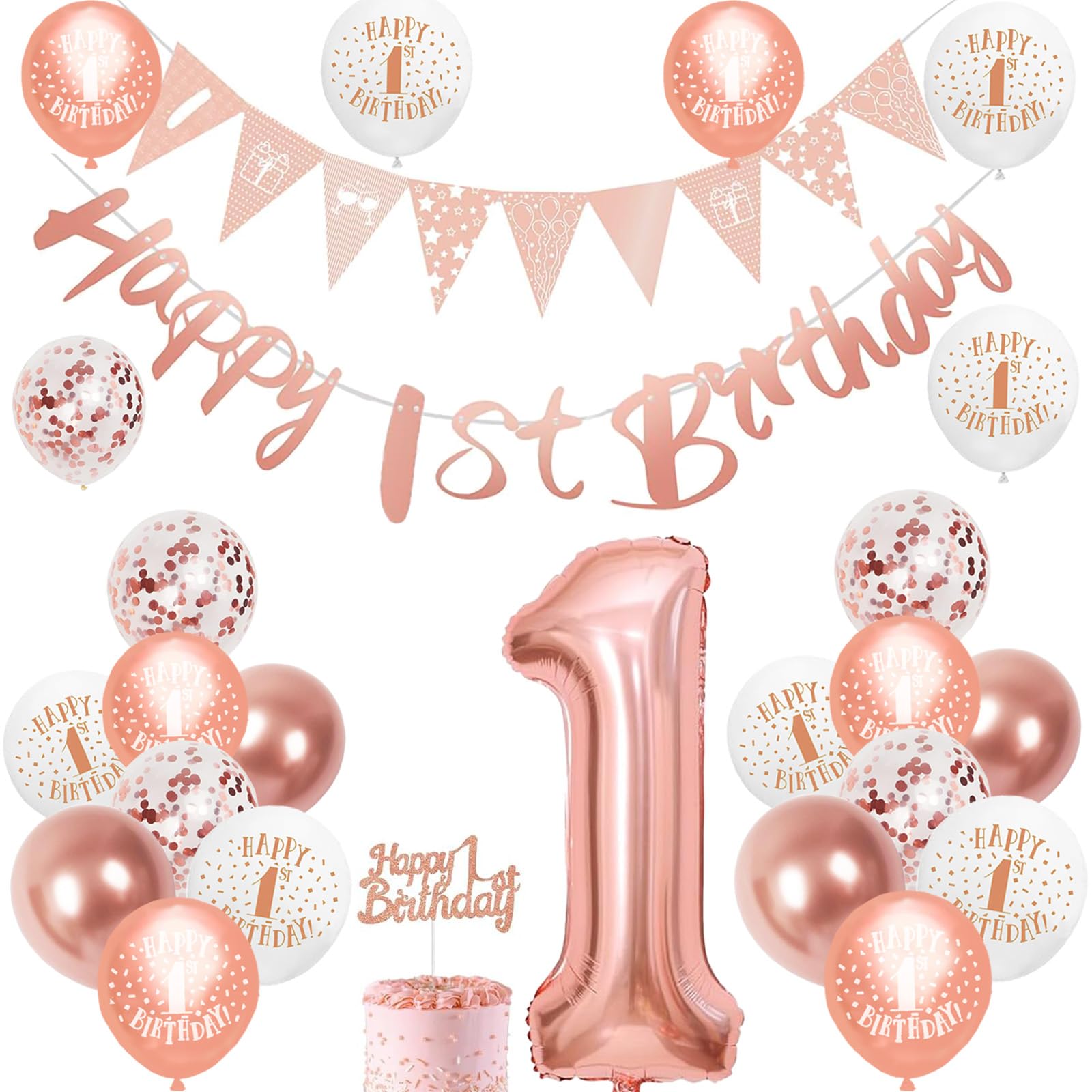 Jwssor 1st Birthday Decoration,Rose Gold 1st Balloons,Number 1 Gold Foil Balloon,Birthday Banner,Cake Decoration