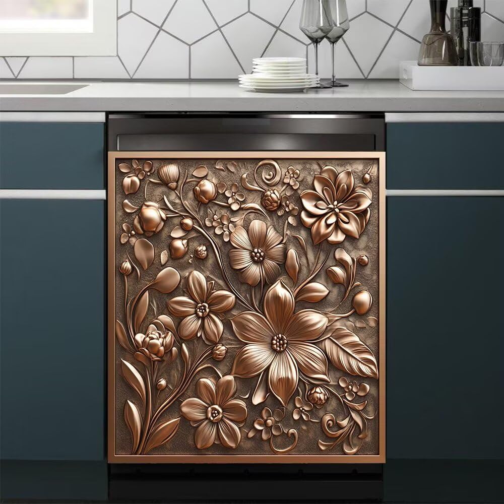 Kupfer-Relief, Blumen, Reben, Geschirrspüler, Magnet-Aufkleber, Heimdekoration, Metallblumen, Magnet-Abdeckung für Geschirrspüler, Kühlschrank, Schrank, Landblumen-Geschirrspüler-Aufkleber, magnetisch