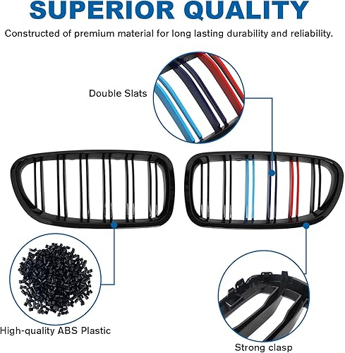 Miniatura 10 de Rejilla frontal F10 para riñón con doble listón, color negro brillante, compatible con BMW Serie 5 2010-2017, F10, F11, F18, Sedan 520i, 528i, 535d,