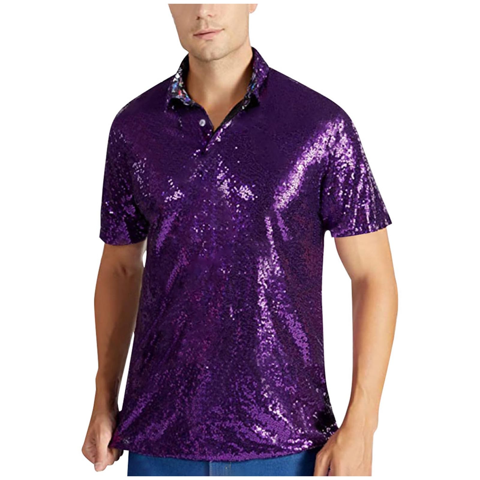 Men's Sequins T Shirts Polos Relaxed Short Sleeve Turndown Sparkles Sequins Shirts Causal Loose 7s Disco Nightclub Party TTops Shiny Festival Carnival Rave Party Outfit