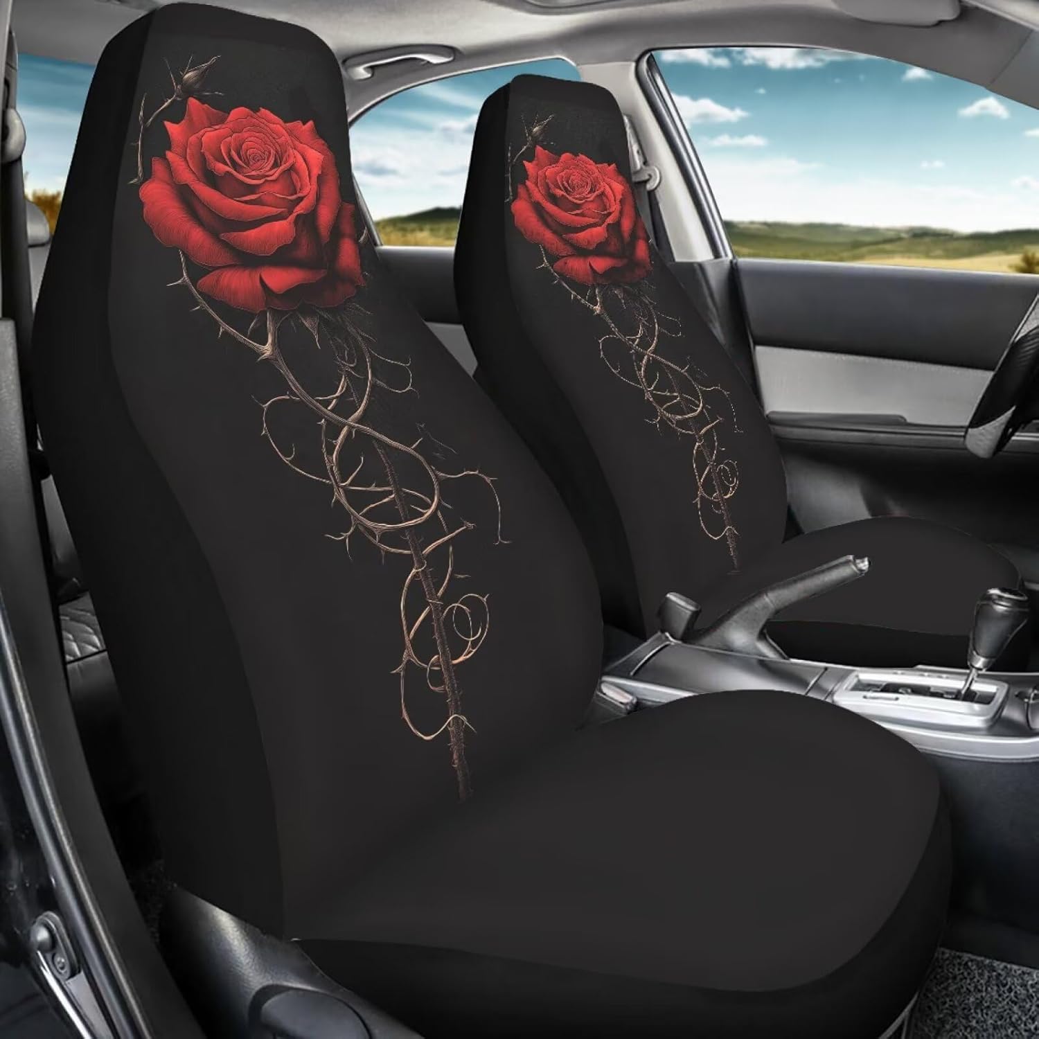 BIGCARJOB Red Rose Car Seat Cover Full Set 2 Pcs Stretchy Driver Seat Covers Womens Car Interior Accessories Set Universal Vehicle Bucket Elastic Cover Stretchy Driver Decor