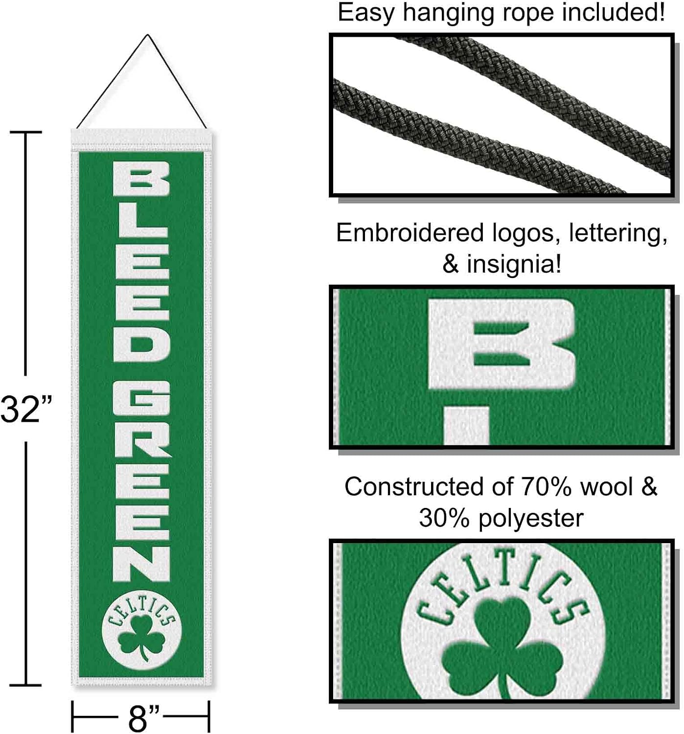 WinCraft Boston Celtics Bleed Green 8x32 Inch Vertical Wool Embroidered Hanging Banner