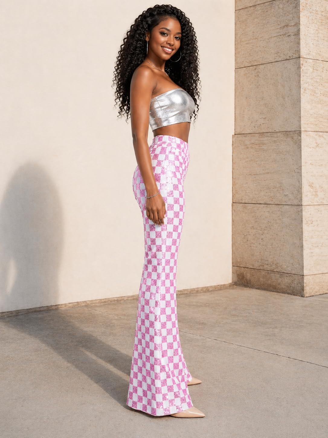Women's Sequin Flare Pants High Waisted Bell Bottom Glitter Plaid Trousers for Night Out Clubwear