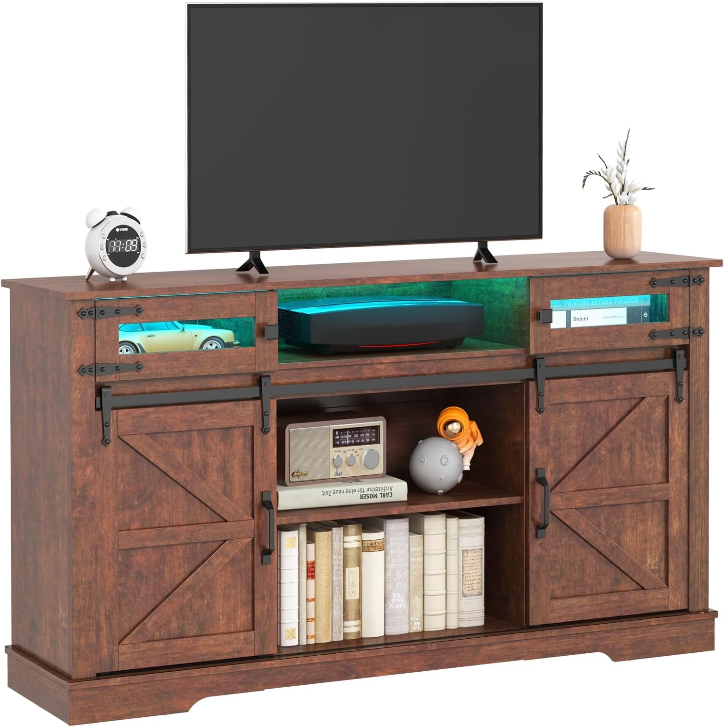 Livofloral Farmhouse TV Stand with LED Lights for 65+ Inch TV, 33" Tall Entertainment Center with Storage Cabinet & Sliding Barn Doors, Media Console Cabinet with Open Storage Shelves for Living Room